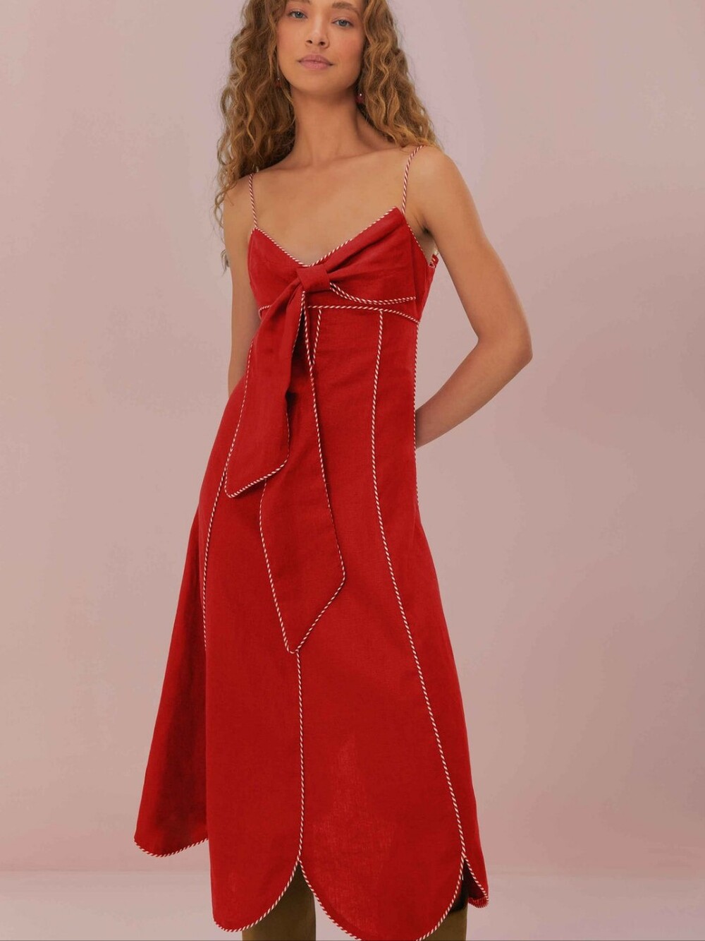 Farmrio red front bow midi dress